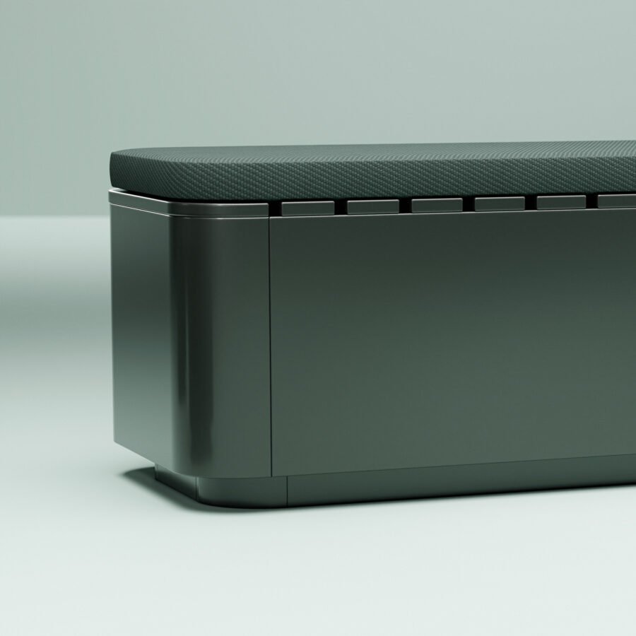 Durable stainless steel Ascento Bench with powder coat finish in an outdoor setting.