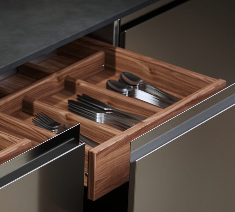 Stainless steel drawer dividers with a powder coat finish, seamlessly integrated into Danver's outdoor kitchen drawers for optimized utensil and tool organization.