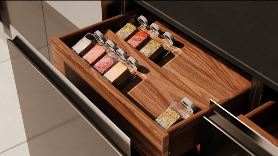 Stainless steel spice rack insert with powder coat finish, designed to fit seamlessly into outdoor kitchen cabinetry for organized spice storage.