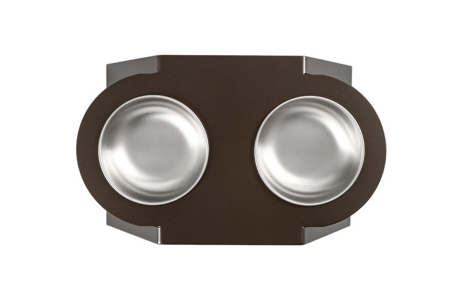 Stainless steel medium dog bowl holder with powder coat finish, measuring 20.9 inches in length, 13 inches in width, and 20 inches in height, featuring two 3-cup capacity stainless steel bowls.