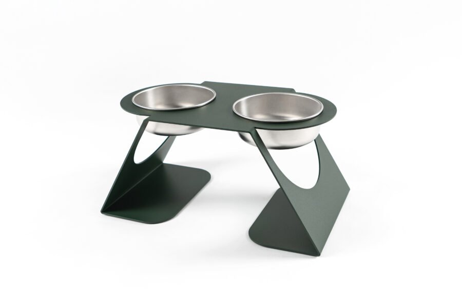Stainless steel dog bowls with holders, available in three sizes to accommodate various breeds.