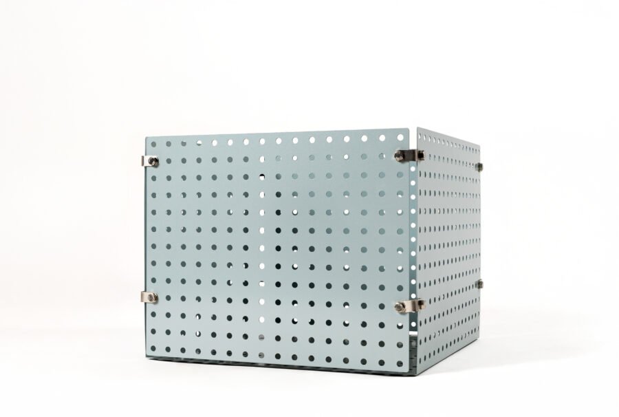 Stainless steel perforated storage basket with powder coat finish, measuring 20 inches in width, 16 inches in height, and 20 inches in depth.